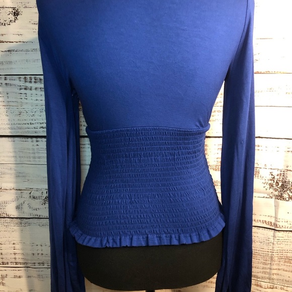 Blue Long Sleeve Blouse with Tie Front Ruffles and Smocked Waist - Picture 11 of 11